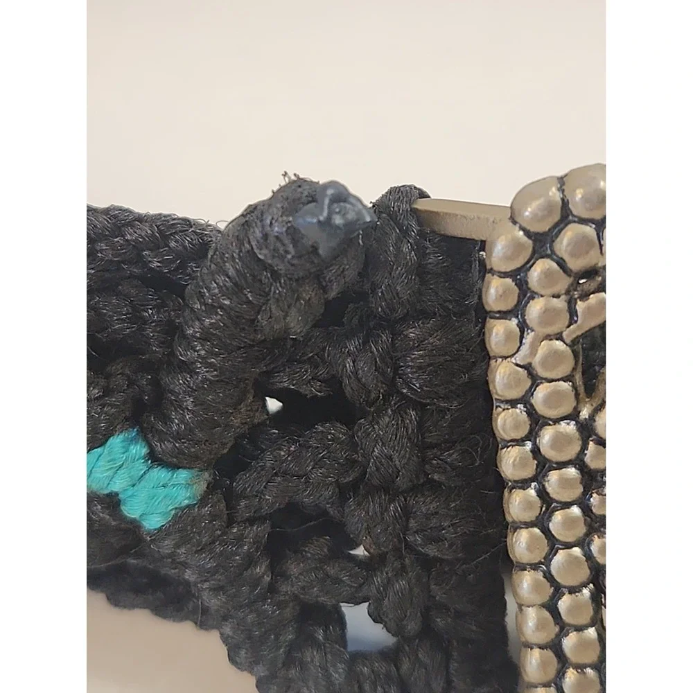 VTG 70s Black Macrame Belt Goldtone Medallion Buckle L Pls Read Below